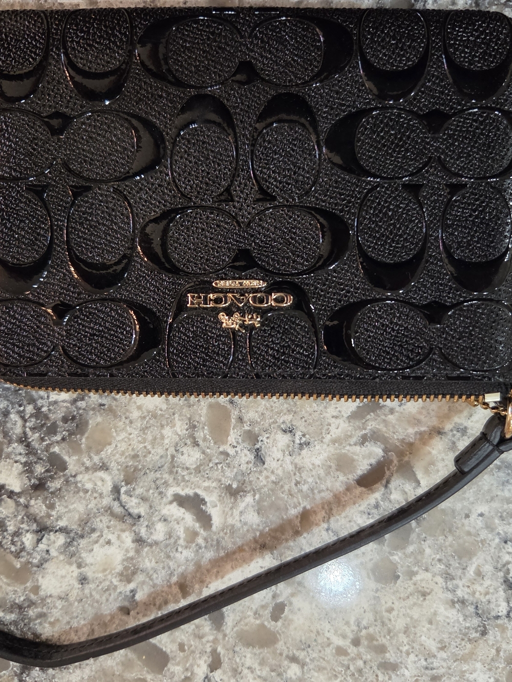 Coach Black Patent Signature Wristlet with Gold Hardware